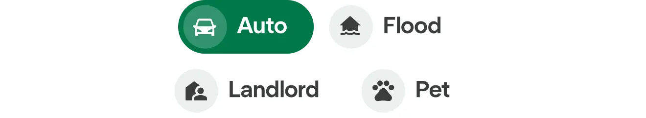 Insurance options showing auto, flood, landlord, and pet.